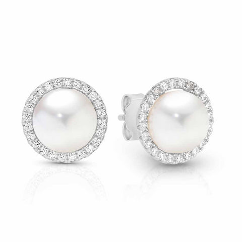 Sterling Silver Button Freshwater Pearl CZ Halo Studs