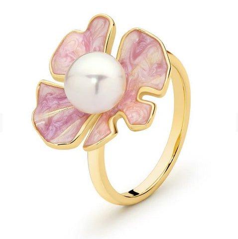 Ikecho'Posie' Sterling Button Pearl Pink Enamel Ring