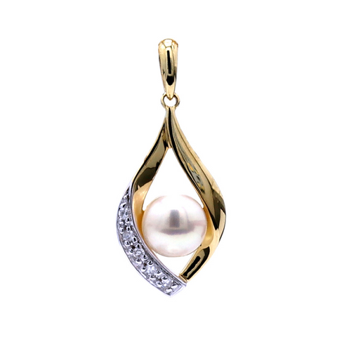 9ct Yellow Gold Freshwater Pearl & Diamond Leaf Pendant