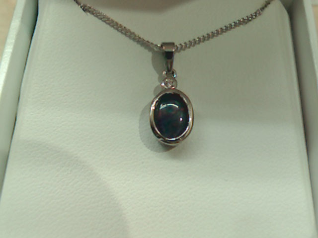 Sterling Silver Oval Opal and CZ Pendant