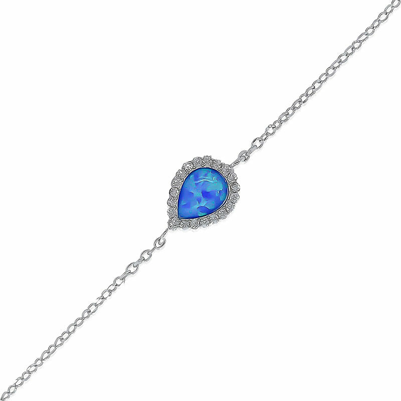 Sterling Silver Rhodium Plated Cubic Zirconia & Created Opal Blue Pear Bracelet