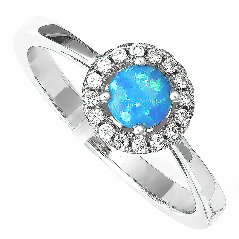Sterling Silver Rhodium Plated Blue Round Created Opal And Zirconia Ring