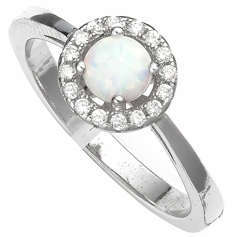 Sterling silver rhodium plated white round created opal and cubic zirconia ring