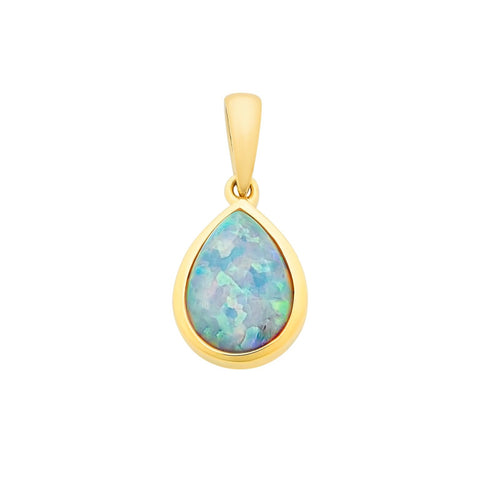 9ct Yellow Gold Created Opal Pear Pendantt