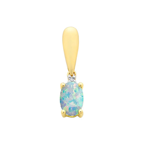 9ct Yellow Gold Diamond & Created Opal Pendant