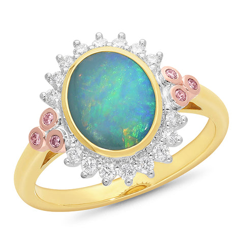 9ct 3Tone Gold Opal & Diamond Halo Dress Ring With Accent Pink Diamonds