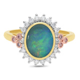 9ct 3Tone Gold Opal & Diamond Halo Dress Ring With Accent Pink Diamonds
