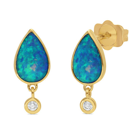 9ct Yellow Gold Pear Shaped Crystal Opal And Diamond Earrings