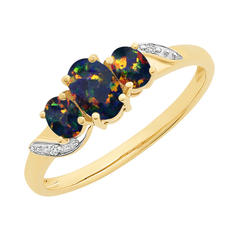 9ct Yellow Gold Lab Grown Black Opal & Diamond Ring