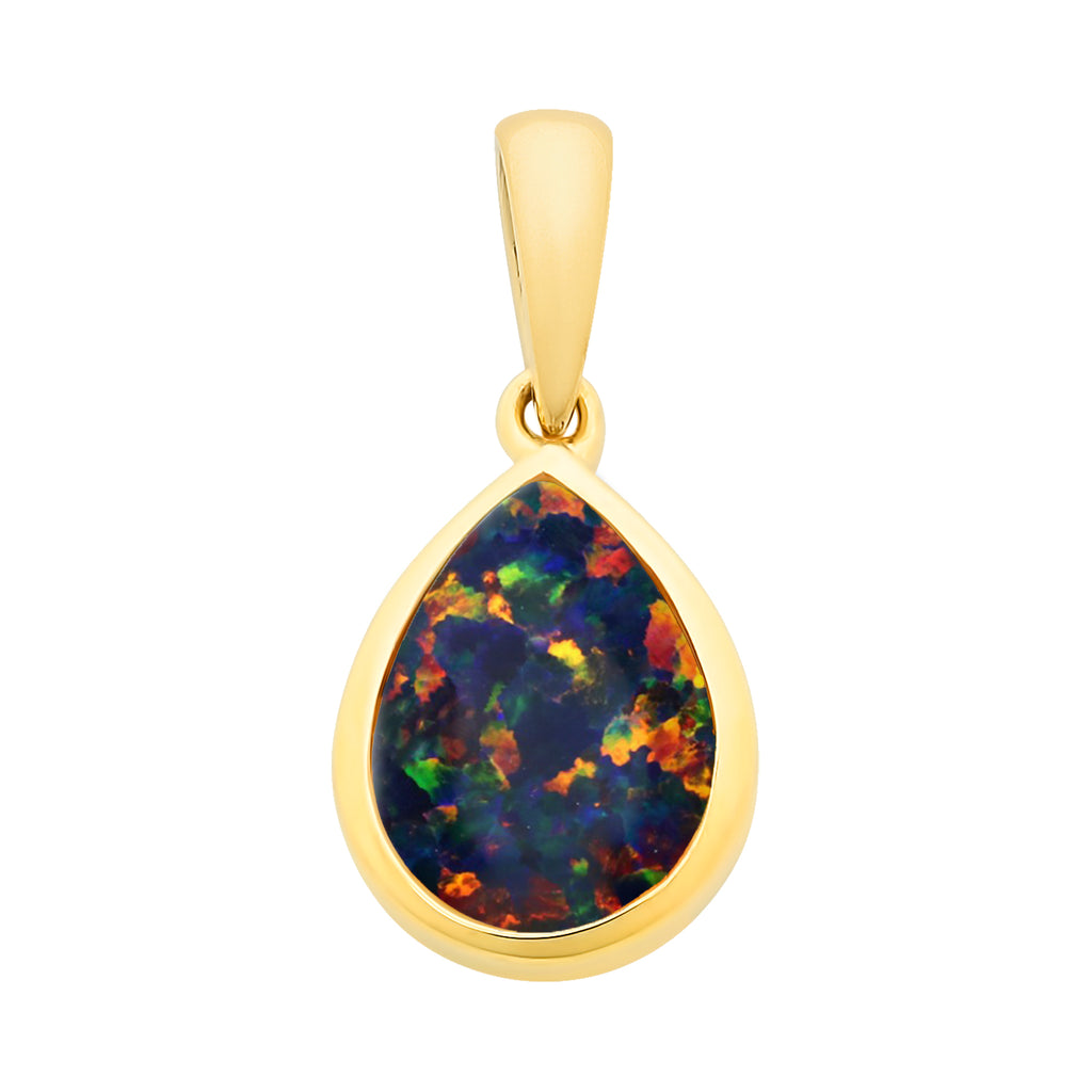 9ct Yellow Gold Lab Grown Black Opal Pendant