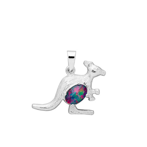 Sterling Silver Firegem Australian Solid White Opal Kangaroo Pendant