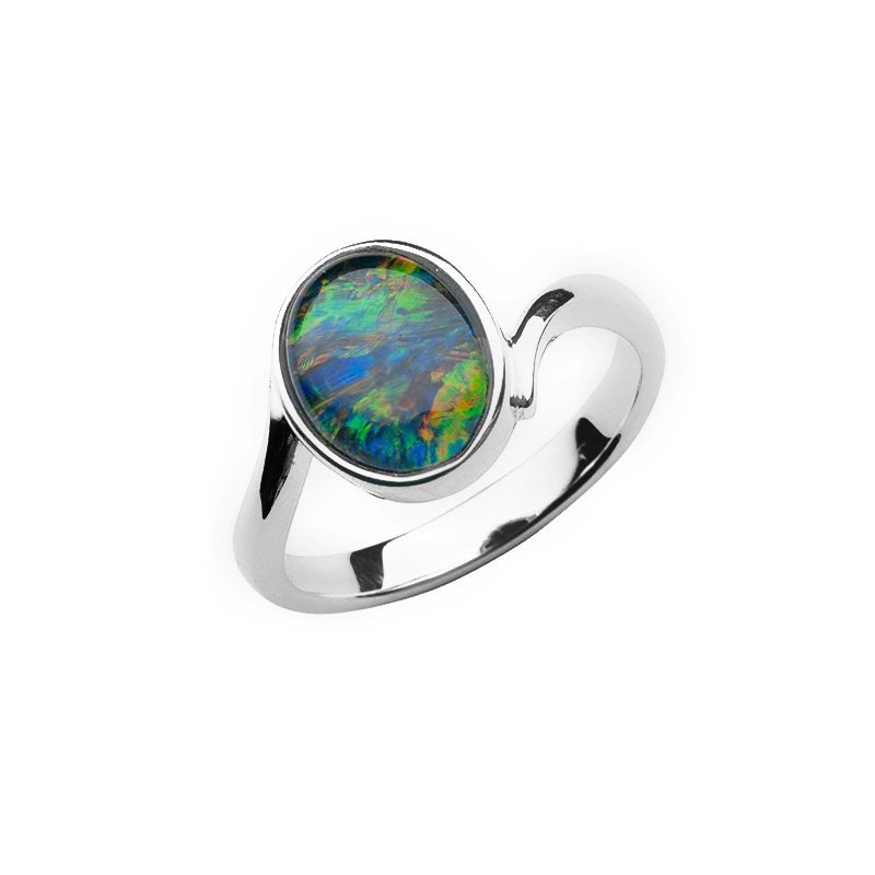 Sterling silver bezel set oval shape Australian triplet opal ring