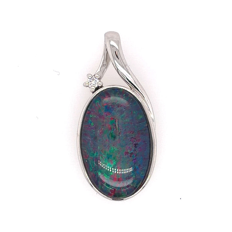 Sterling Silver Oval Opal And Diamond Pendant