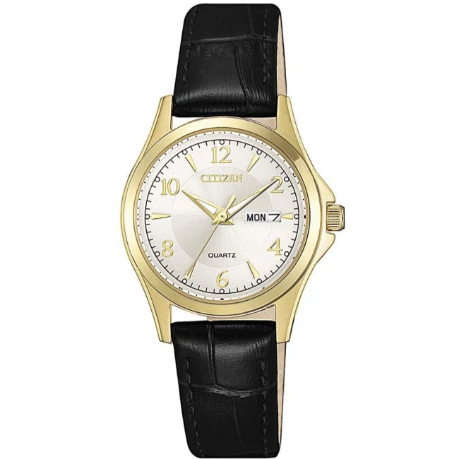 Citizen Ladies Gold Plated Watch With A Black Leather Strap