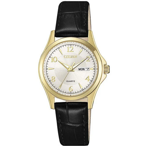 Citizen Ladies Gold Plated Watch With A Black Leather Strap
