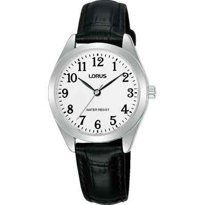 Ladies Lorus Everyday Dress Watch White Dial With Black Leather Band