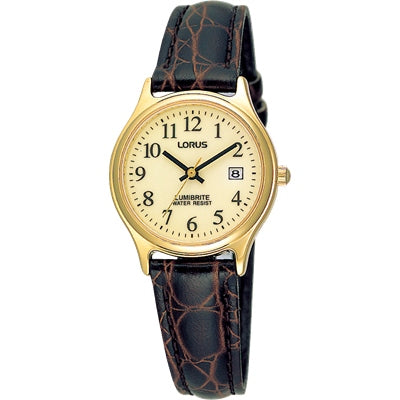 Ladies Lorus Everyday Wear Gold Dial With Brown Leather Band