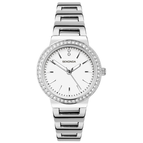 Ladies Sekonda Stainless Steel Stone Set Dress Watch With Mother Of Pearl Dial