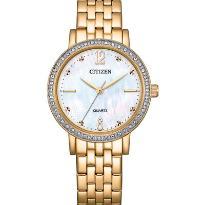 Citizen ladies gold plated stainless steel dress watch with mother of pearl dial WR50
