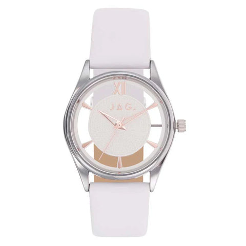 Jag Ladies Clear Dial Watch With "Croydon" With White Leather Strap