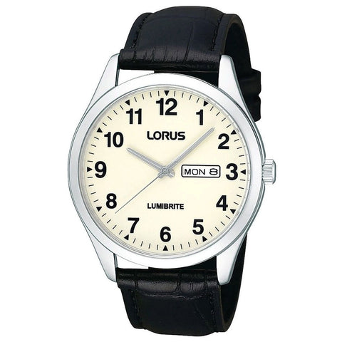 Mens Lorus Everyday Wear Cream Dial With Black Leather Band