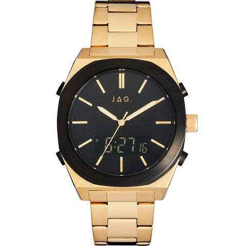 Jag Lincoln Black And Gold Plated Mens Dual Time Watch