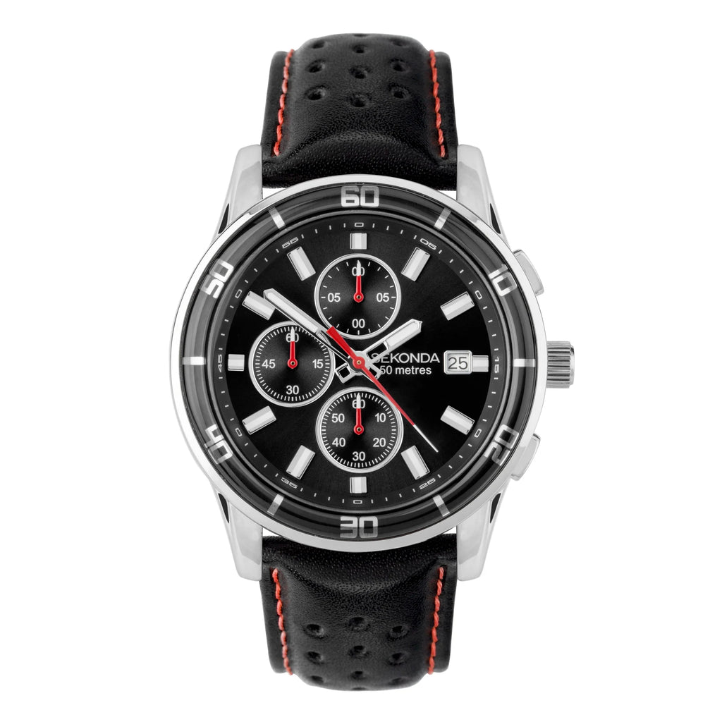 Sekonda Mens Black Dial With Black And Red Leather Strap