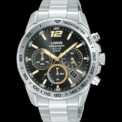 Lorus Mens Stainless Steel Solar Chronograph Black Dial Watch