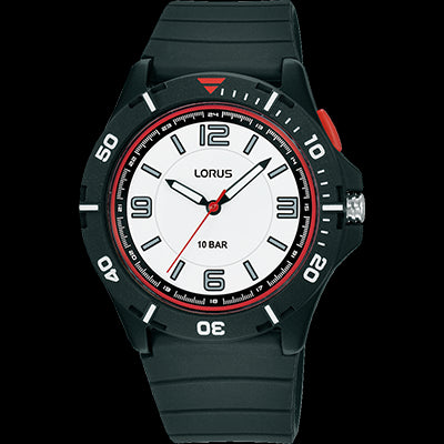 Mens Lorus Black And Red Sports Watch