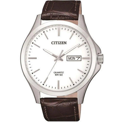 Citizen Mens Stainless Steel White Dial Watch With Brown Leather Strap