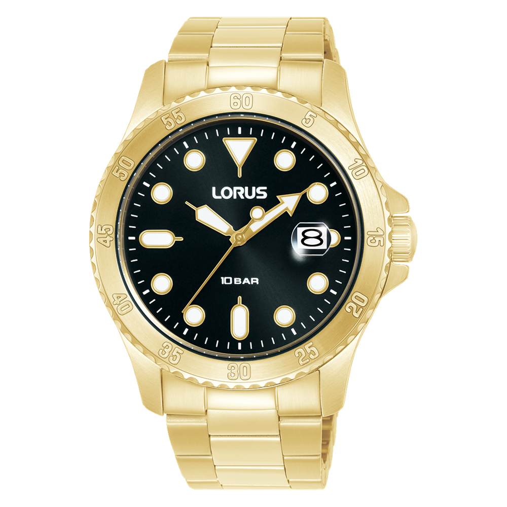 Lorus Mens Gold Plated Sports Watch With Black Dial