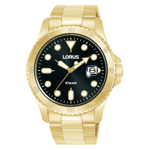 Lorus Mens Gold Plated Sports Watch With Black Dial