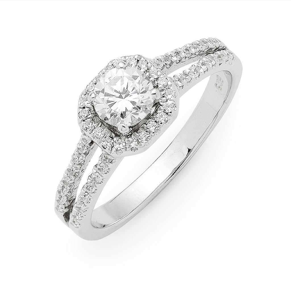 Sterling Silver Rhod Micro Set CZ Halo Ring