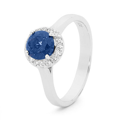 Sterling Silver Ring With Created Sapphire And Cubic Zirconia Halo