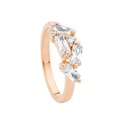 Sterling Silver Rose Gold Plated Ring With Staggered Round And Baguette Cubic Zirconias