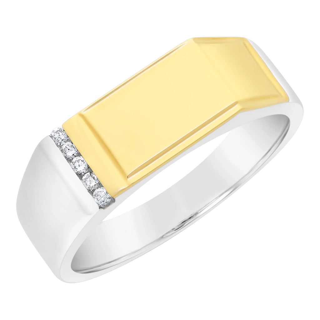 9ct Yellow Gold And Sterling Silver Diamond Gents Flat Top Ring