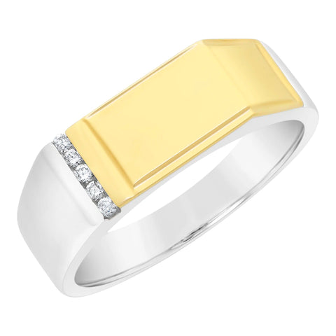 9ct Yellow Gold And Sterling Silver Diamond Gents Flat Top Ring