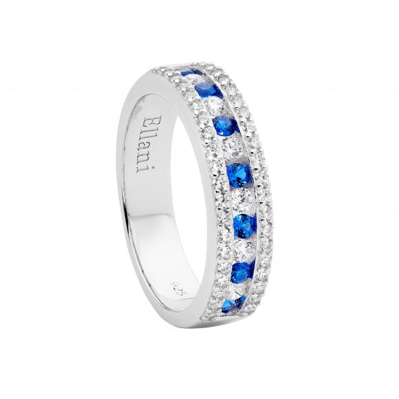 Sterling Silver Channel Set Clear And Blue Cubic Zirconia Ring