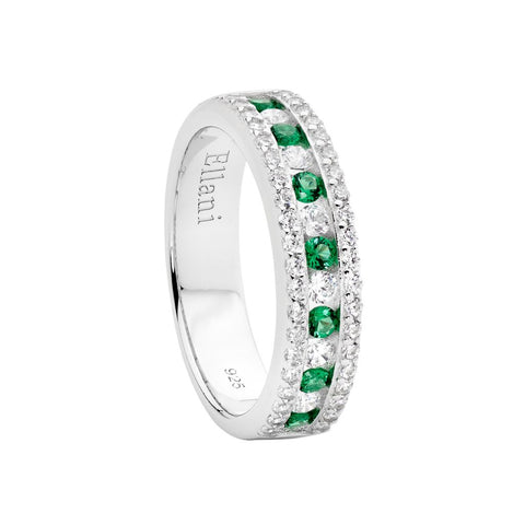 Sterling Silver Channel Set Clear And Green Cubic Zirconia Ring