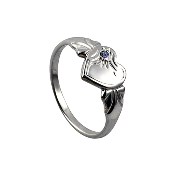 Sterling Silver February Birthstone Heart Signet Ring