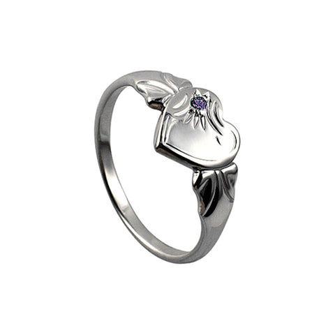 Sterling Silver February Birthstone Heart Signet Ring