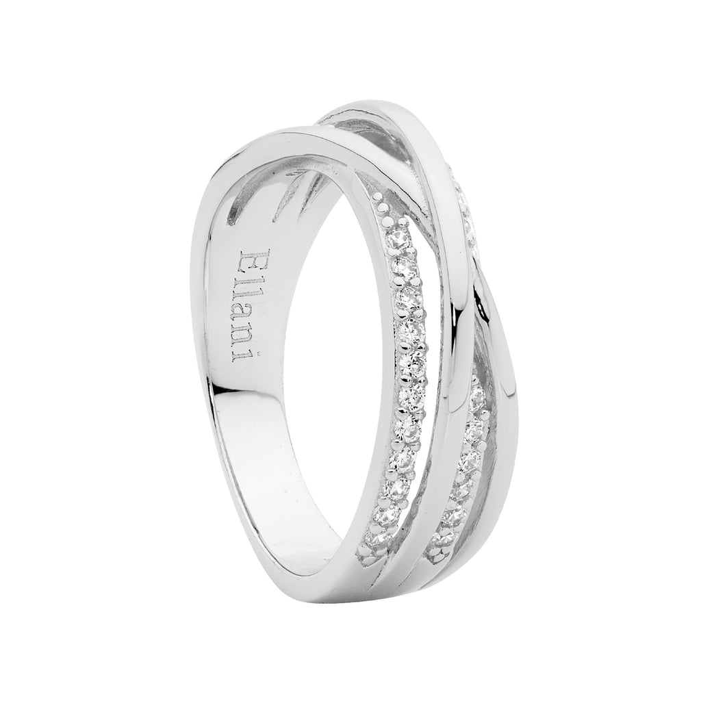 Sterling Silver Rhodium Plated Cubic Zirconia Cross Over Ring
