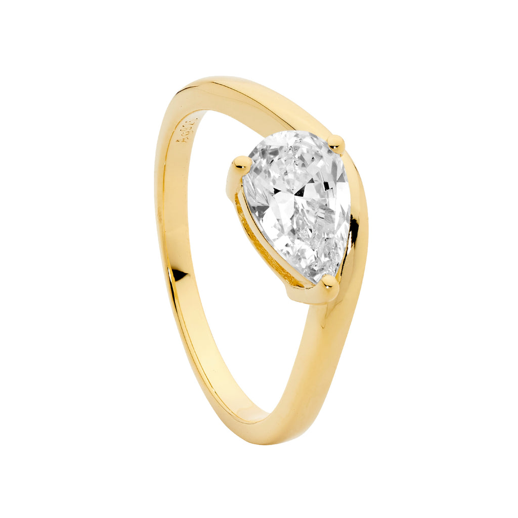Sterling Silver Gold Plated Pear Cut Cubic Zirconia Ring