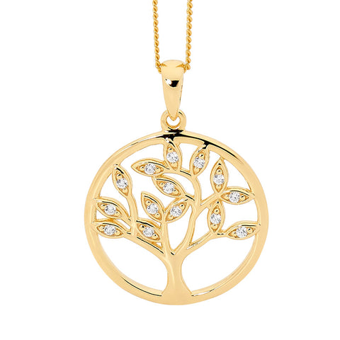 Sterling Silver Gold Plated Cubic Zirconia Tree Of Life Pendant