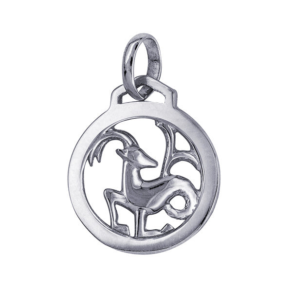 Sterling Silver 12mm Round Zodiac Pendant - Capricorn