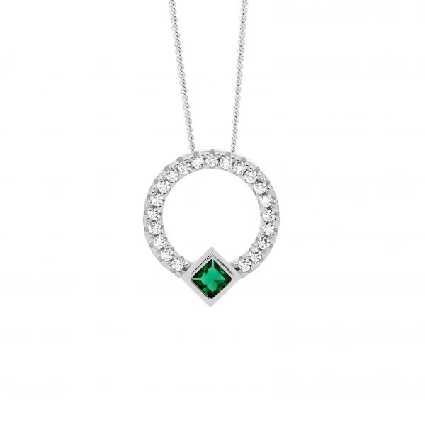 Sterling Silver Princess Cut Dark Green Cubic Zirconia Circle Pendant