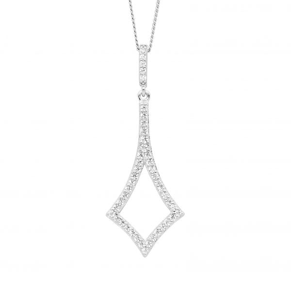 Sterling Silver 40mm Open Diamond Shaped Drop Pendant With Cubic Zirconias