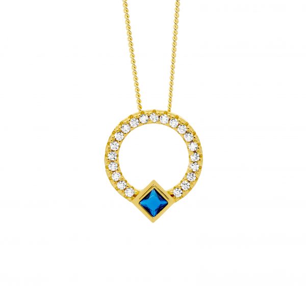 Sterling Silver Gold Plated Open Circle Pendant With Dark Blue Cubic Zirconia