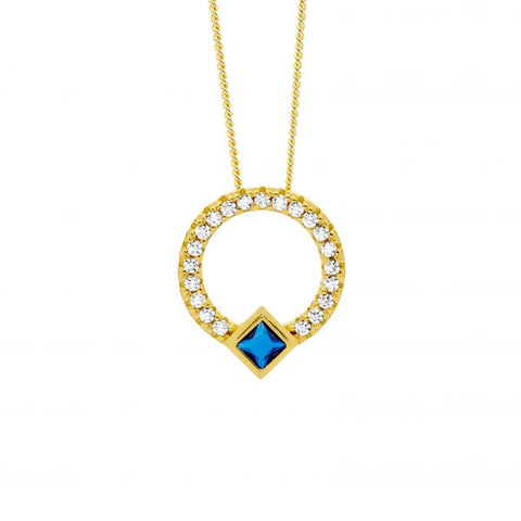 Sterling Silver Gold Plated Open Circle Pendant With Dark Blue Cubic Zirconia