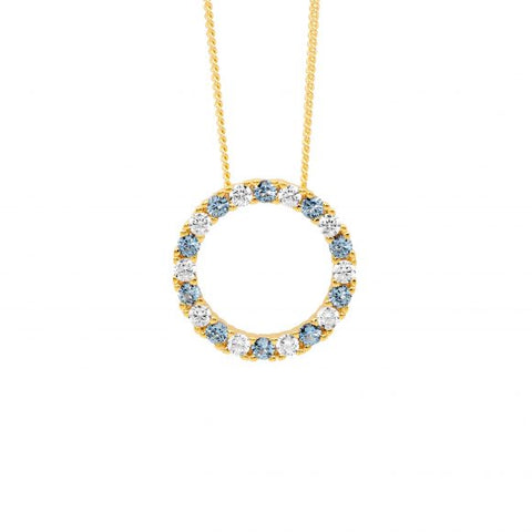 Sterling Silver Gold Plated Open Circle Pendant With Clear And Light Blue Cubic Zirconias